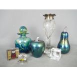 A small collection of glassware to include Mdina bottle and stopper,