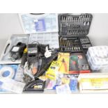 A quantity of tools and accessories to include electric screwdriver, hand grinder,