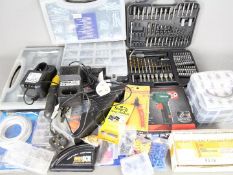 A quantity of tools and accessories to include electric screwdriver, hand grinder,