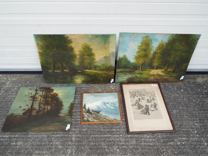 A collection of pictures to include oils on panel and a framed and glazed etching,