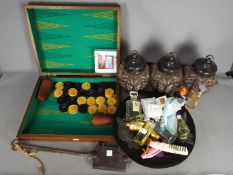 Lot to include backgammon board in case, pool cue, glassware, perfume and similar.