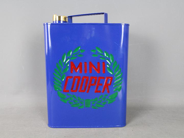 A blue Mini Cooper petrol can,