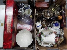 A mixed lot comprising glassware, plated ware, cased binoculars,