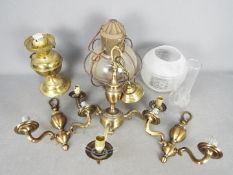 Lot to include a three branch ceiling light with two matching wall lights,