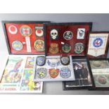 A collection of framed patches relating to martial arts, Resident Evil games and similar.