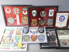 A collection of framed patches relating to martial arts, Resident Evil games and similar.