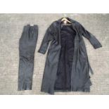 A pair of leather trousers (36" waist) and a full length leather coat with belt (size XXL).