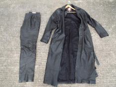 A pair of leather trousers (36" waist) and a full length leather coat with belt (size XXL).