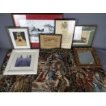 A collection of prints, a mirror, tapestry and similar.