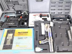 Lot to include an electric drill, Jawz rotary pliers, Weller soldering gun and similar, all cased.