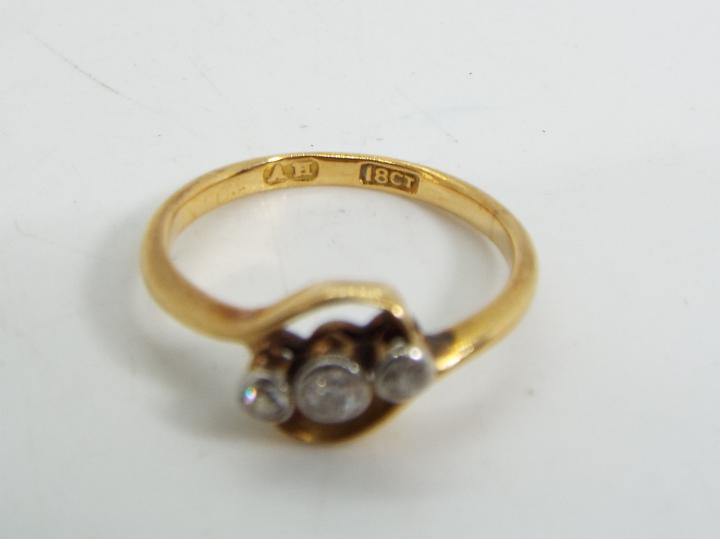 18ct gold - a 18ct gold trilogy ring set with old cut crossover diamonds, stamped 18 ct, size I, - Image 5 of 5