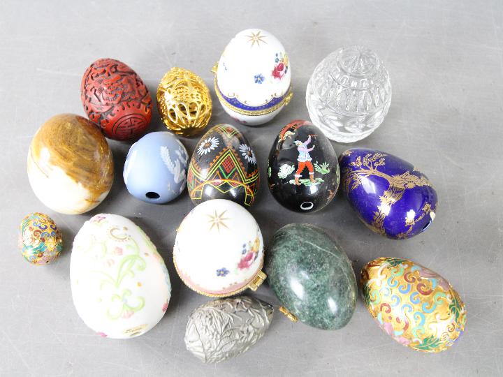 A bowl containing a collection of egg ornaments to include stone, glass, champlevé, - Image 3 of 3