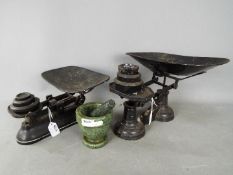 Two set of vintage kitchen scales, weights and a hardstone mortar and pestle.
