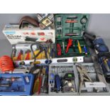 Lot to include an angle grinder, soldering torch, tile cutter, hand grinder and similar.