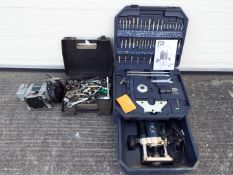 A Pro router kit in carry case, a Wickes bench grinder and a quantity of hand tools.