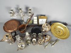 A mixed lot of metalware to include plated, brass, copper.