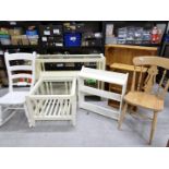 A collection of furniture to include console table and matching occasional table, rocking chair,