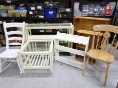 A collection of furniture to include console table and matching occasional table, rocking chair,