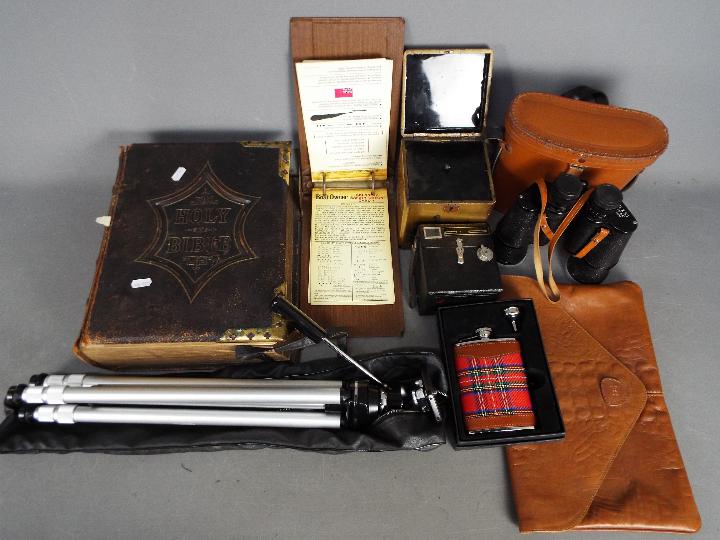 Lot to include a vintage Oriental tea caddy, vintage bible, boxed hip flask, Kodak camera,