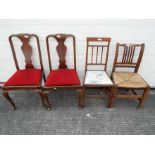 Four chairs, two with upholstered seats, one with inlaid decoration and rush seat and one other.