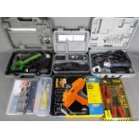 A collection of tools to include a Tacwise Master Nailer, Workzone crimping set,