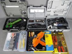 A collection of tools to include a Tacwise Master Nailer, Workzone crimping set,