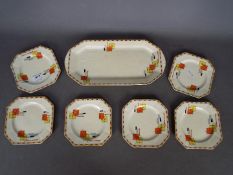 An Art Deco, Midwinter serving set comprising a sandwich plate and six side plates,