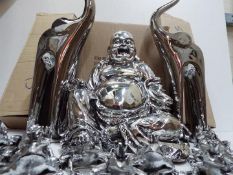 Unused Retail Stock - a quantity of white metal decorative items to include a large Laughing Buddha,