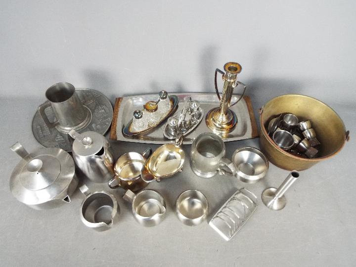 A collection of stainless steel wares, plated and similar to include Lundtofte tray,