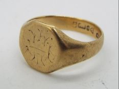 A gentleman's 9ct gold signet ring, size U, approximately 5.6 grams all in.