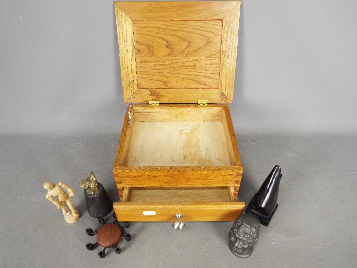 Mixed lot to include a wooden jewellery box, small artist's lay figure,