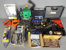 Lot to include a Weller soldering iron, Hitachi M8V router, hand saws and similar.