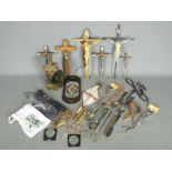 Lot to include pens, commemorative crowns, brass lantern, religious items and similar.