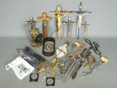 Lot to include pens, commemorative crowns, brass lantern, religious items and similar.