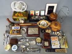 A mixed lot of collectables to include trinket boxes, hand bell, plated ware and similar.