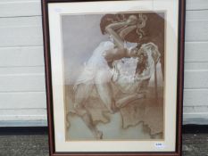 Framed pastel depicting a semi nude youn