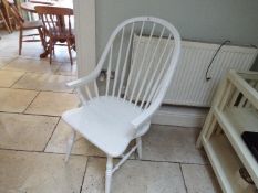 Two white painted stick back chairs (onl