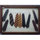 Cricket - a wall mounted, glazed display case containing 9 original early 1960s international ties,
