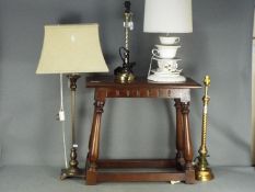 Four table lamps including two by Laura Ashley and a small side table approximately 52 cm x 55 cm x