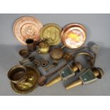 A quantity of metalware, brass and coppe