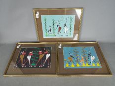 Three tribal paintings, each signed 'Otu', all mounted and framed under glass,