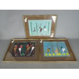 Three tribal paintings, each signed 'Otu', all mounted and framed under glass,