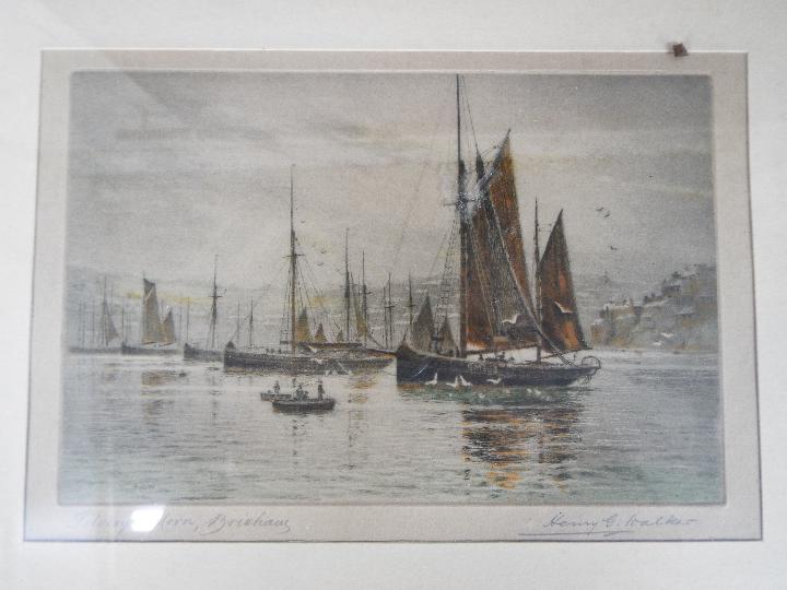 Three framed, coloured etchings each depicting a harbour side scene, - Image 2 of 4
