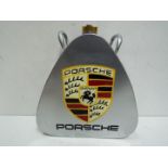 White metal Petrol can with brass screw lid, marked Porsche Stuttgart. 34cm high.