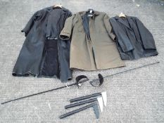 Three wooden Kama and two plastic sabres, two pairs of leather trousers (36" waist),