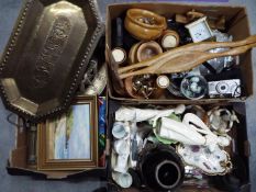 A mixed lot to include ceramics, glassware, metalware, treen and similar, three boxes.