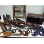Vintage tool collection - Wooden steel toe cap shoes, spirit levels, steps,