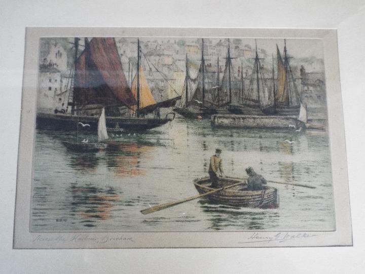 Three framed, coloured etchings each depicting a harbour side scene, - Image 3 of 4