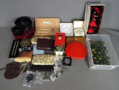 A mixed lot of collectables to include marbles, pens, trinket boxes,