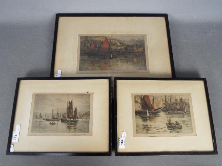 Three framed, coloured etchings each depicting a harbour side scene,